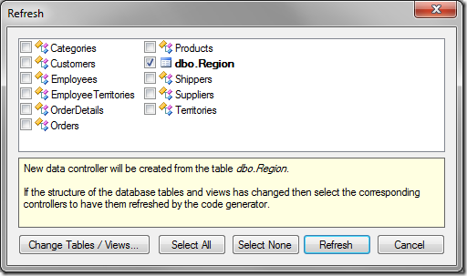 Region table to be added to the application after refresh.