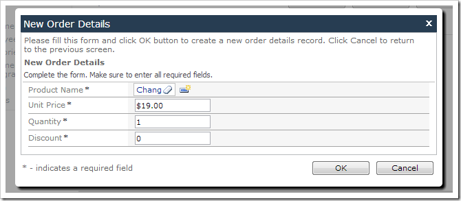 New Order Details form with default values for Quantity and Discount.