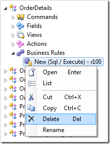 Delete context menu option for the SQL business rule in Order Details controller.