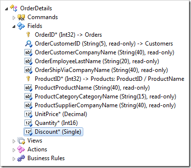 Discount field node in OrderDetails controller in the Project Explorer of Code On Time web application Designer.