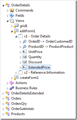 ExtendedPrice field binding created in view 'editForm1'.
