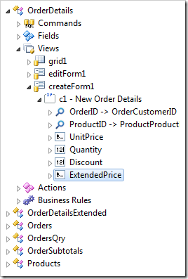 ExtendedPrice field binding created in view 'createForm1'.