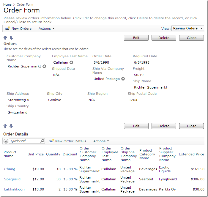 Order Form details for a selected order. The order details grid view below contains redundant fields.