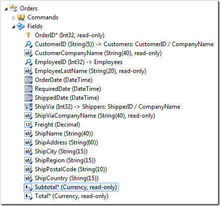 Subtotal field in the Orders controller of the Project Explorer.
