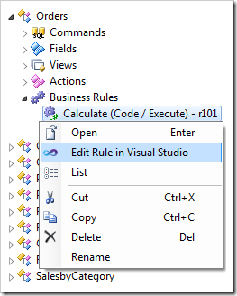 Edit Rule in Visual Studio context menu option for a Calculate code business rule.