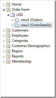 Orders and OrderDetails instantiated as data views on the Order Form.