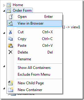 View in Browser context menu option for Order Form page node.