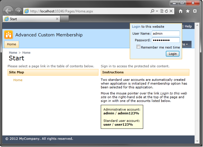 Logging into the Advanced Custom Membership web application with the admin standard user account.
