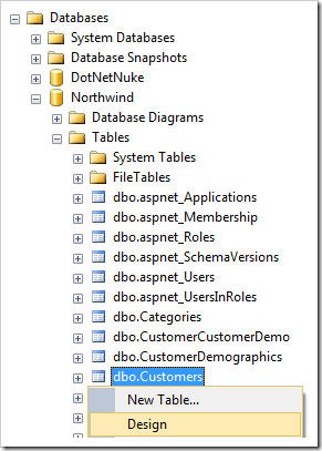 Design context menu option for Customers table in Northwind database in SQL Server Management Studio.
