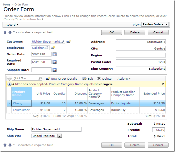 Customized version of the Order Form