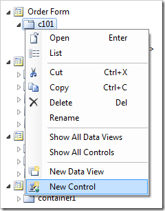 'New Control' option in Code On Time Project Explorer