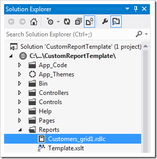 Custom report template file selected in Visual Studio's Solution Explorer.