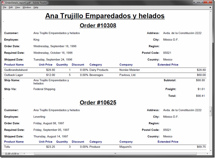 Master-detail report with multi-level grouping of orders.