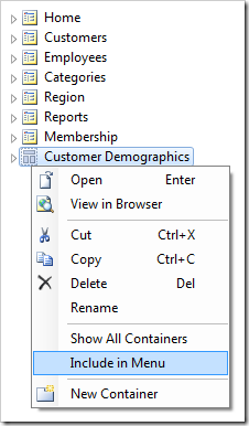 Using the 'Include in Menu' context menu option for 'Customer Demographics' page.