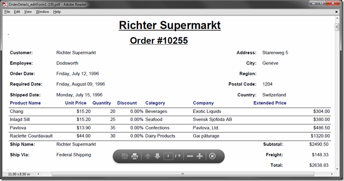 PDF report displaying orders of the specific customer.