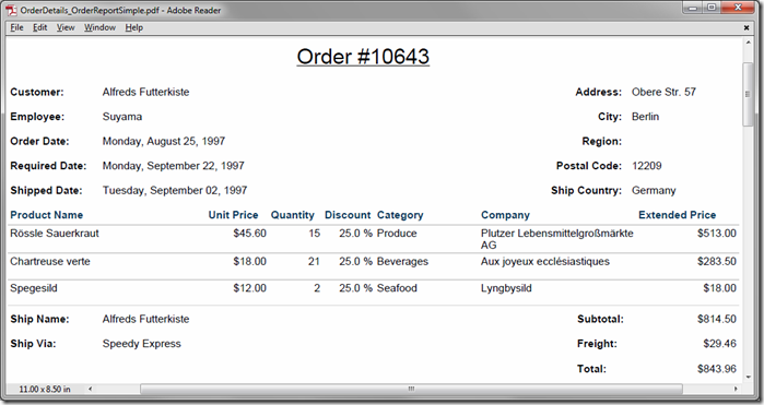 A master-detail report for Order Form Sample