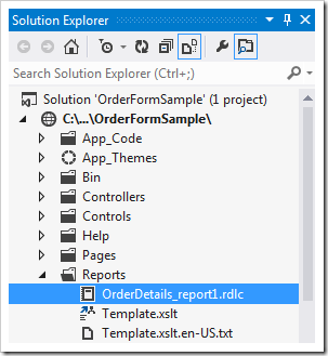 Custom report template RDLC file selected in the Solution Explorer.