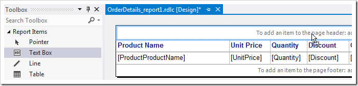 Dropping a text box element onto the report header area.
