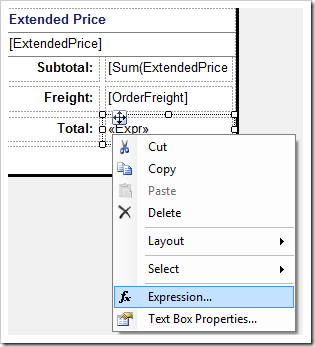 Activating the Expression context menu option for 'Total' field.
