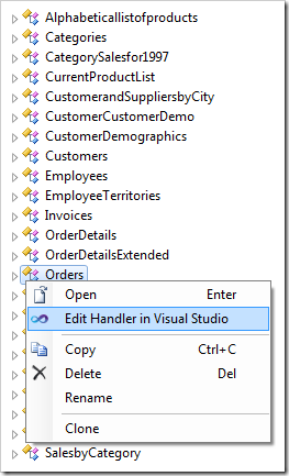 Using the context menu option 'Edit Handler in Visual Studio'.