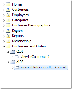 A master-detail relationship has been configured between 'view2' and 'view1'.