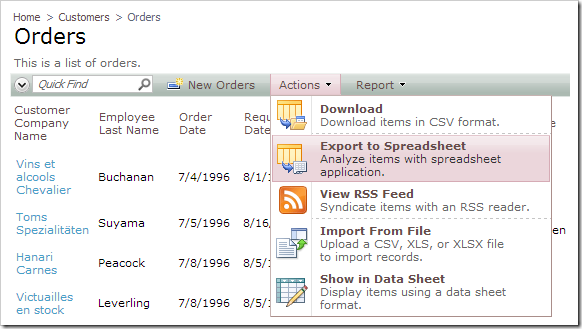 The action 'Export to Spreadsheet' is available in the Orders controller.