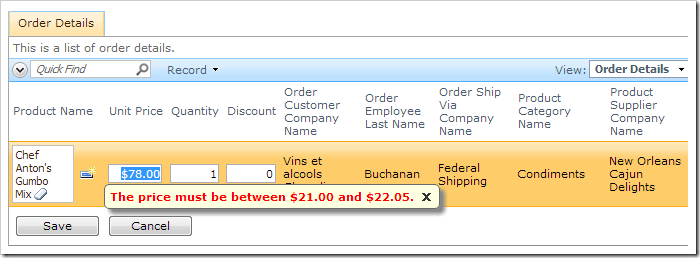 Price validation in Order Details data sheet view.