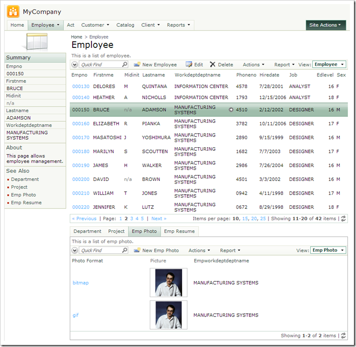 Default Employee page of a generated web application from SAMPLE DB2 database.