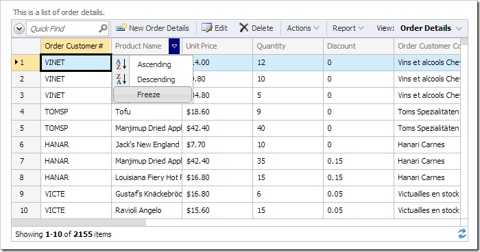 Activating 'Freeze' option for Product Name column.