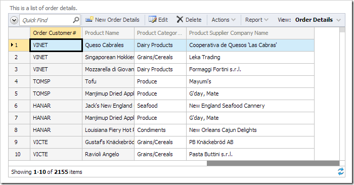 Frozen columns 'Order Customer#' and 'Product Name' continue to be displayed when the data sheet is scrolled to the right.