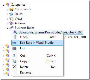Editing the UploadFile business rule in Visual Studio.
