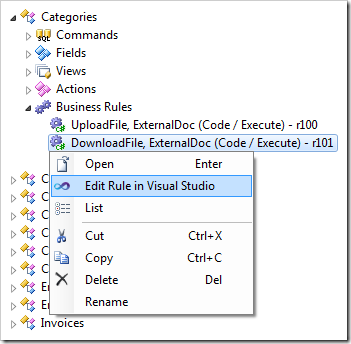 Editing the DownloadFile business rule in Visual Studio.