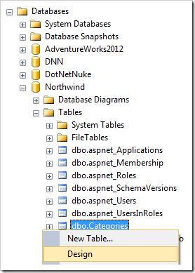 Designing the Categories table in SQL Server Management Studio.