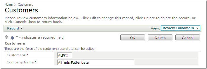 OK, Delete, and Cancel actions displayed when a record is edited.