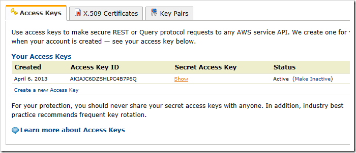 Getting the access key for Amazon S3.