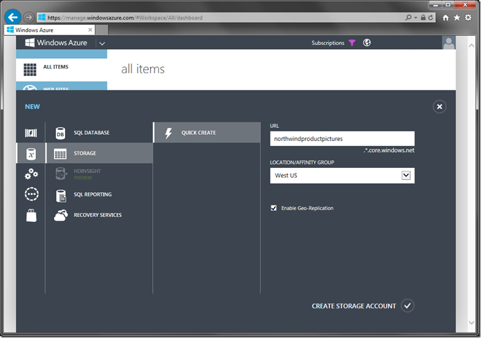 Creating a new storage account in Windows Azure.