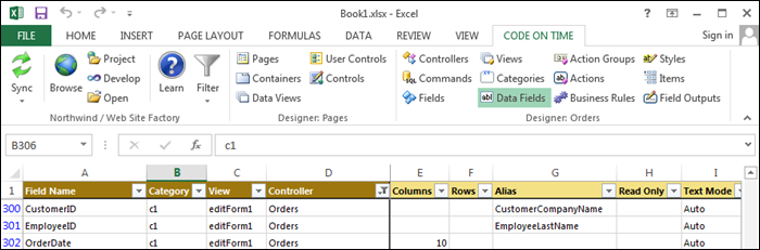 List of data fields in Code On Time Tools for Excel.