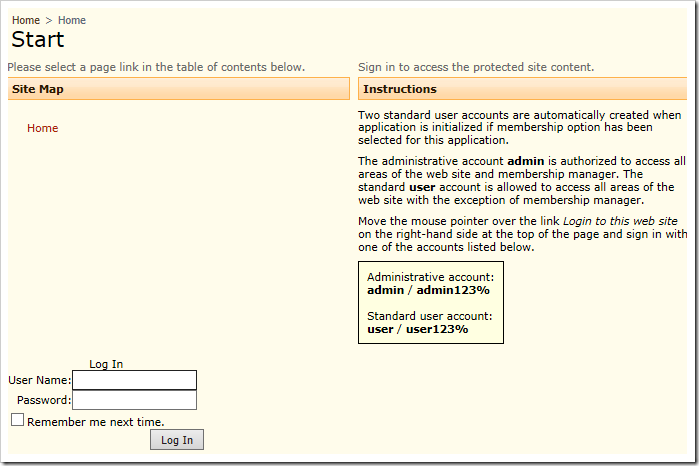Standard ASP.NET login control is present at the bottom of the page.