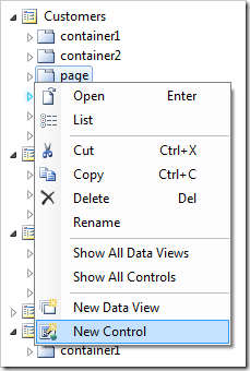 Creating a new control in the 'page' container of Customers page.