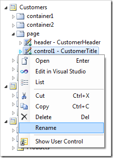 Renaming the 'control1' user control on Customers page.