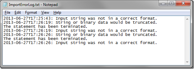 Log text file logging all errors when importing.