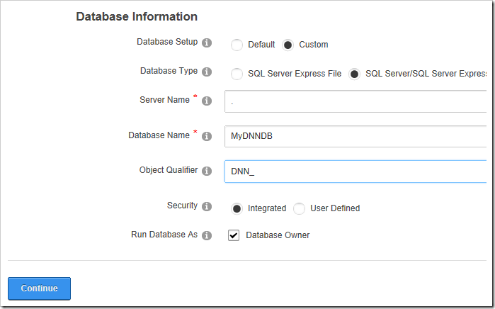 Specifying database information for the DotNetNuke instance.