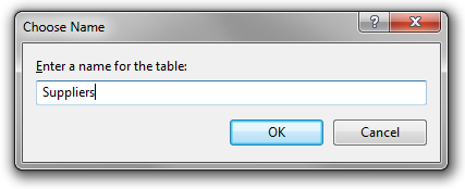 Entering the name for 'Suppliers' table.