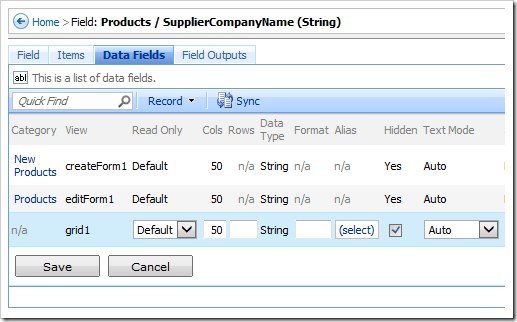 Marking the SupplierCompanyName data fields as hidden.