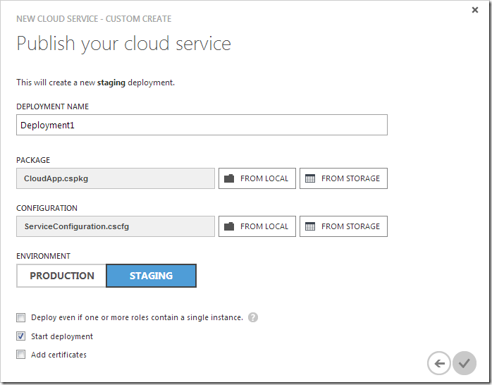 Specifying parameters for publishing the new cloud service.