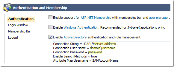 Enabling Active Directory authentication and role provider and specifying the configuration properties.