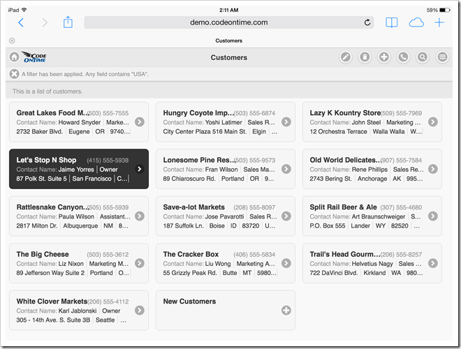 Mobile app created with Code On Time displayed with undocked sidebar in landscape orientation on Apple iPad Air.