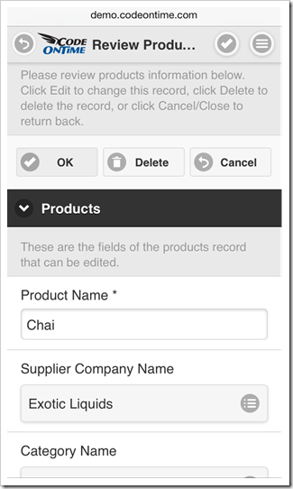 A form view is displayed in edit mode in response to 'Edit' action in a mobile app created with Code On Time mobile database app generator.