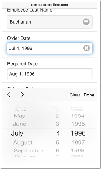 A native date input control of iOS 7 is shown in a form view of a mobile app created with Code On Time application generator.