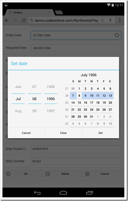 A native Android date input control is visible in a form view of a mobile app created with Code On Time mobile database app generator.